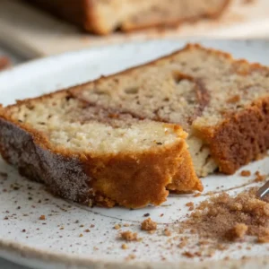 Snickerdoodle Banana Bread: The Best Ever Banana Bread 5 Close-up of a slice of snickerdoodle banana bread with a cinnamon-sugar crust, showing the soft interior and crumbs scattered on the plate.