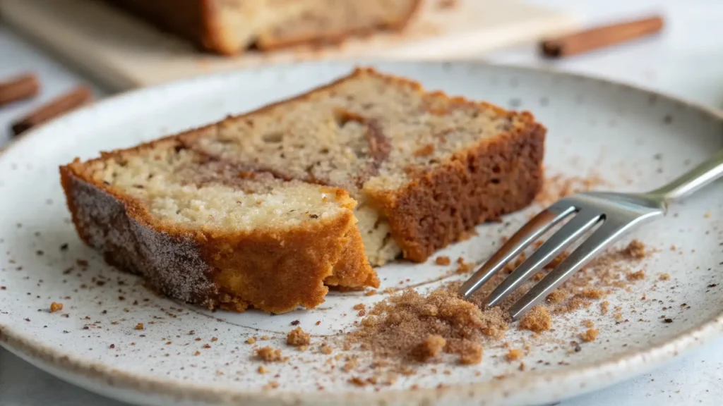 Close-up of a slice of snickerdoodle banana bread on a speckled plate, with a fork and scattered cinnamon-sugar crumbs around it.