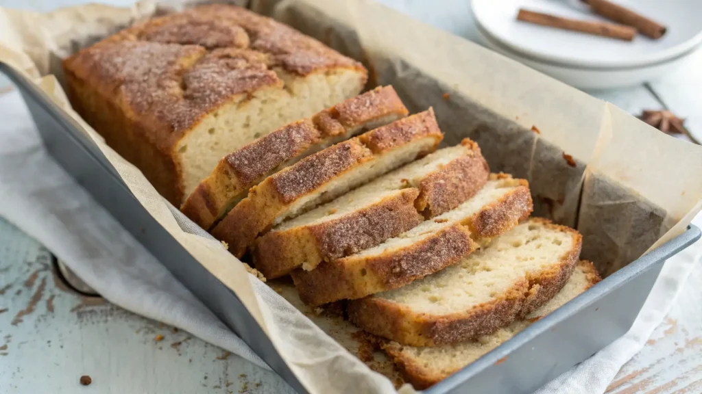 Snickerdoodle Banana Bread: The Best Ever Banana Bread 2 A freshly baked snickerdoodle banana bread loaf, with slices cut and cinnamon-sugar topping visible, inside a metal loaf pan lined with parchment paper.