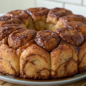 A close-up image of freshly baked sourdough monkey bread, golden-brown and caramelized, with visible cinnamon sugar coating on the dough balls. The bread is arranged in a bundt shape on a plate, showing its pull-apart texture.