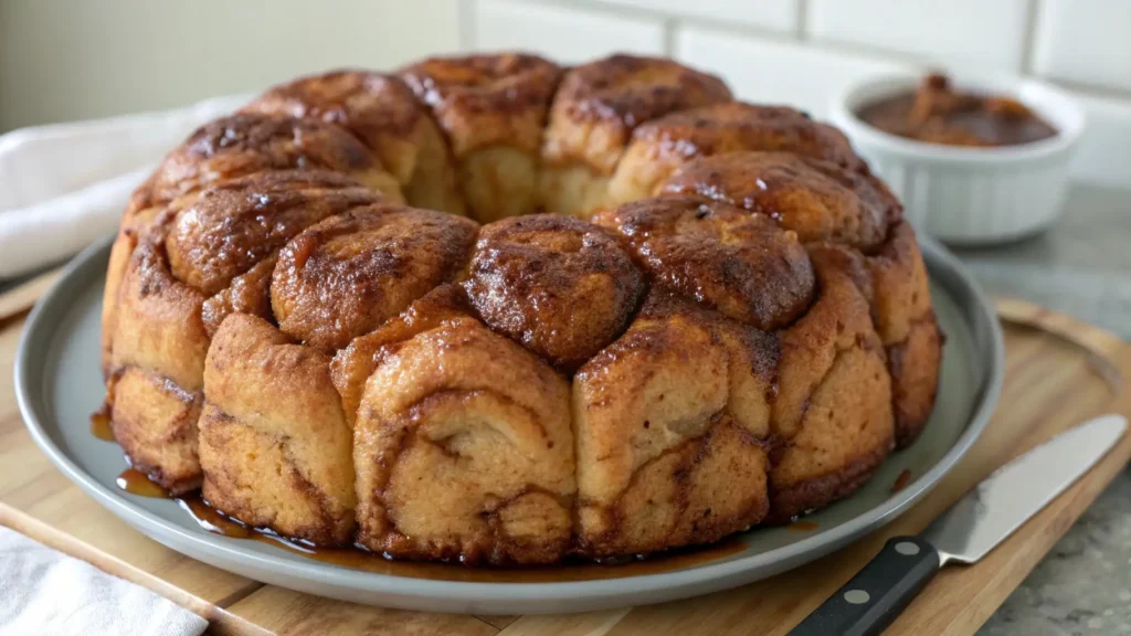 Close-up of freshly baked sourdough monkey bread on a gray plate, showcasing the golden-brown, cinnamon-sugar coated dough balls. The bread has a soft, pull-apart texture with a caramelized, glossy finish. A ramekin of cinnamon sauce sits in the background, adding a cozy touch.
