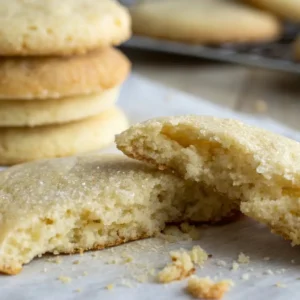 Sourdough Sugar Cookies That Will Be Your New Favorite 5 A close-up shot of a freshly baked sourdough sugar cookie with a bite taken out of it, revealing a soft, chewy interior. The cookie is golden on the edges with a light dusting of sugar on top. In the background, more cookies are stacked, showcasing their perfectly baked texture.