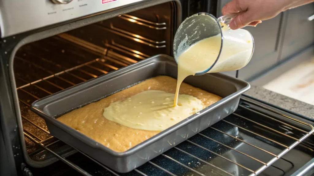 German Chocolate Poke Cake That Will Blow Your Mind 2 A person pouring the sweetened condensed milk and coconut mixture onto the baked German chocolate cake in a baking pan.