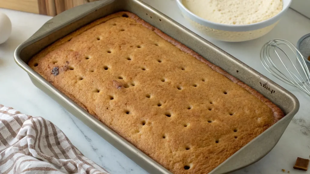 German Chocolate Poke Cake That Will Blow Your Mind 3 A freshly baked German Chocolate Poke Cake with holes poked into the top, ready for the filling. The cake is in a metal baking pan on a kitchen counter with eggs, a whisk, and some sugar cubes nearby.