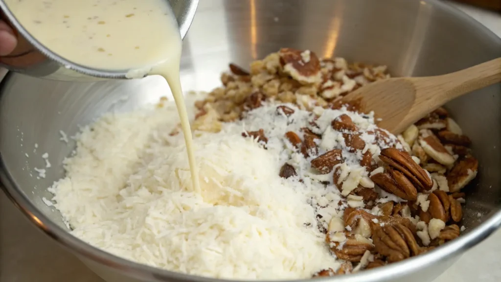 German Chocolate Poke Cake That Will Blow Your Mind 4 A person pouring sweetened condensed milk into a bowl of shredded coconut and chopped pecans, preparing the filling for a German Chocolate Poke Cake.