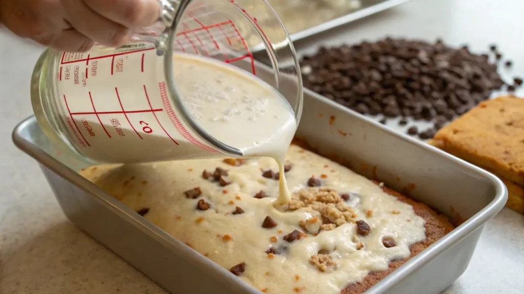 German Chocolate Poke Cake That Will Blow Your Mind 5 A person pouring a creamy coconut-pecan filling over a baked German Chocolate Poke Cake, with chocolate chips visible on the cake’s surface.