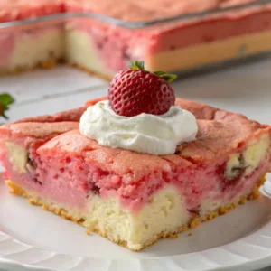 Strawberry Earthquake Cake A Sweet Sensation You’ll Love 4 A slice of Strawberry Earthquake Cake topped with whipped cream and a fresh strawberry, showcasing the pink cake with a creamy filling. The whole cake is visible in the background.