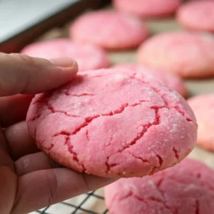 Pink Cookies: How to Make These Irresistibly Soft and Sweet 5 A hand holding a freshly baked pink cookie, with several more cookies in the background on a cooling rack.