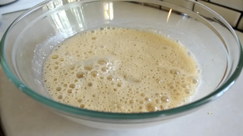 Batard Bread You'll Love Irresistible Baking Secrets 2 A close-up of bubbly, activated yeast in a glass bowl, showing the frothy texture as it’s ready to be used in bread dough.