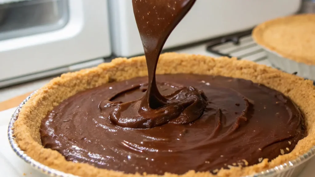 The Ultimate Chocolate Cream Cheese Pie You Can’t Miss 3 Pouring smooth chocolate filling into a graham cracker crust for a chocolate cream cheese pie.