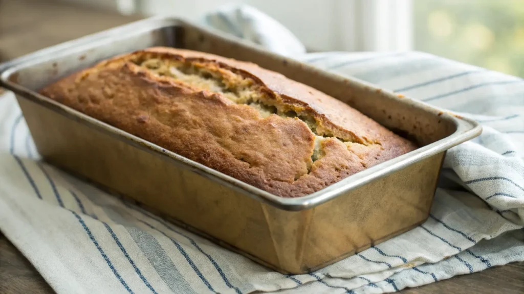 Banana Bread Using Frozen Bananas You’ll Love to Make 2 A freshly baked loaf of banana bread in a metal baking pan, sitting on a striped linen cloth.