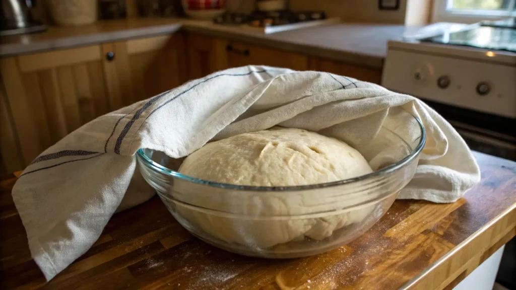 Miche Bread: The Simple Joy of Perfectly Crafted Loaves 3 A bowl of dough covered with a linen cloth, resting and rising on a wooden countertop during bulk fermentation.