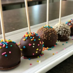 Chocolate Cake Pops to Make Every Occasion Special 4 A row of chocolate cake pops with colorful sprinkles and toppings, arranged on a white plate.