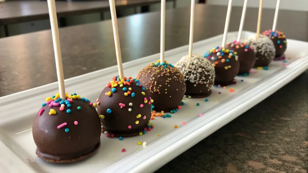 A close-up of chocolate cake pops coated with sprinkles and displayed on a white rectangular plate.