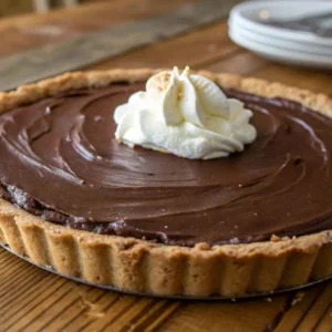 The Ultimate Chocolate Cream Cheese Pie You Can’t Miss 4 A finished chocolate cream cheese pie with a graham cracker crust, topped with a swirl of whipped cream.