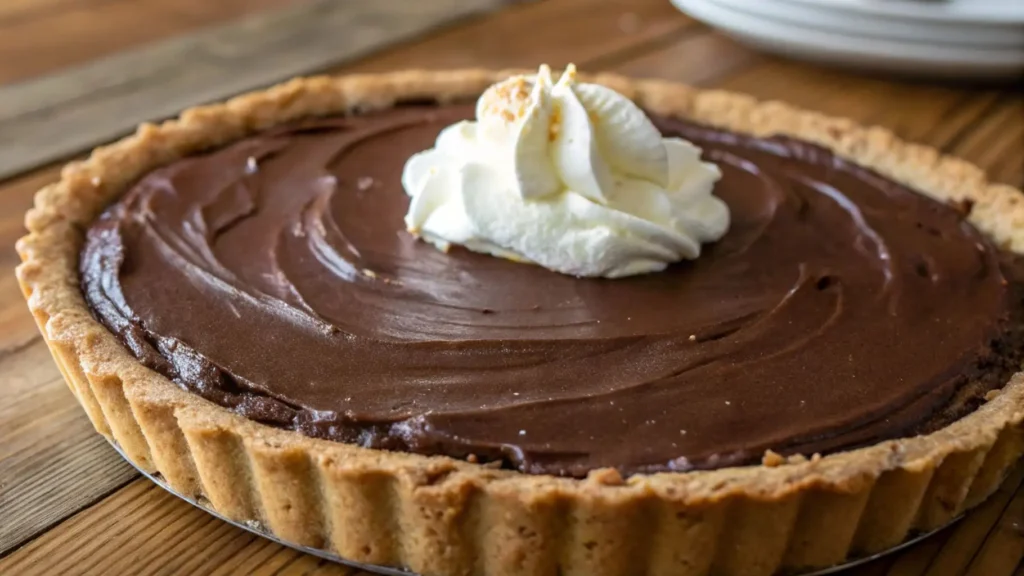 Close-up of a decadent chocolate cream cheese pie with a graham cracker crust, topped with a swirl of whipped cream.