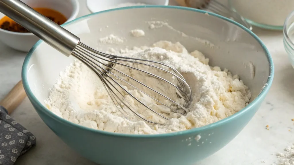 Lemon Pound Cake Cookies Amazingly Easy and Delicious 3 Whisk mixing dry ingredients including flour in a blue bowl for baking lemon pound cake cookies.
