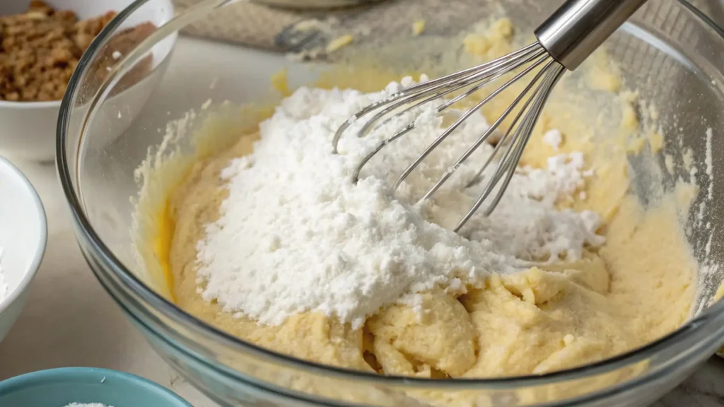 Sour Cream Coconut Cake Delightfully Easy to Love 4 A whisk gently mixing powdered ingredients (flour, sugar, etc.) into a creamy butter mixture in a large glass bowl. The ingredients are being incorporated together, showing the process of combining wet and dry ingredients for cake batter.