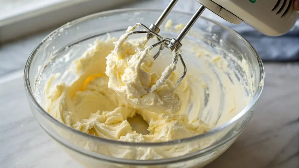 Lemon Pound Cake Cookies Amazingly Easy and Delicious 2 Creamed butter and sugar in a glass mixing bowl, with an electric mixer showing fluffy, pale mixture perfect for baking lemon pound cake cookies.