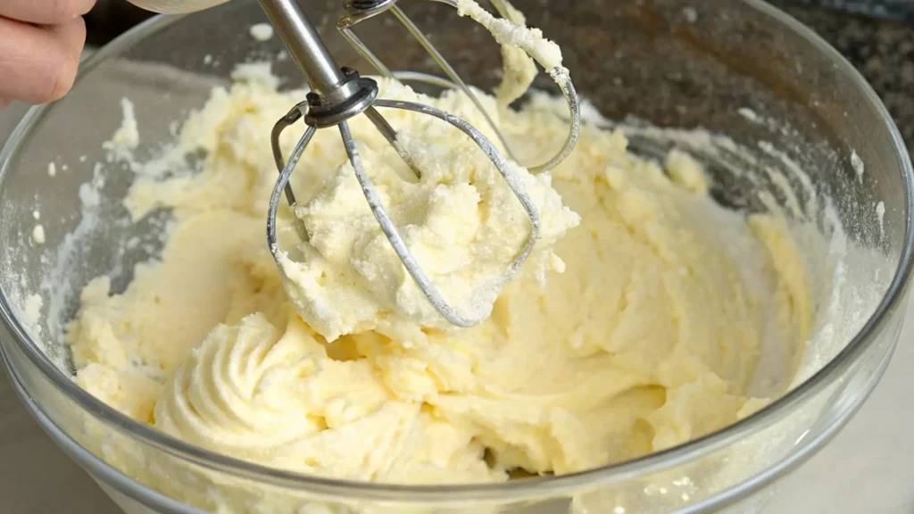 Sour Cream Coconut Cake Delightfully Easy to Love 3 A close-up of a hand mixer lifting the creamed butter and sugar mixture from a glass bowl, showing a smooth and fluffy consistency for baking.