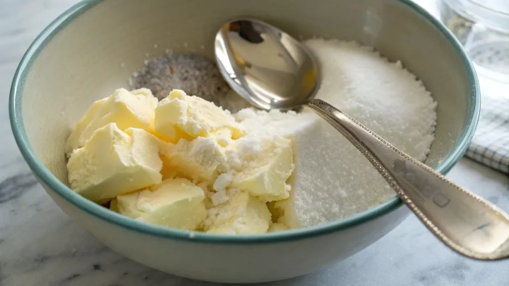 Small Batch Sugar Cookies for the Ultimate Treat 2 Close-up image of softened butter and granulated sugar in a mixing bowl, with a silver spoon ready to cream the ingredients.