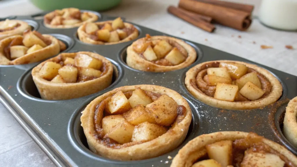 Cinnamon Roll Apple Pie Cups for the Ultimate Indulgence 3 Cinnamon roll cups filled with spiced apple filling, ready for baking, in a muffin tin with chunks of apple on top.