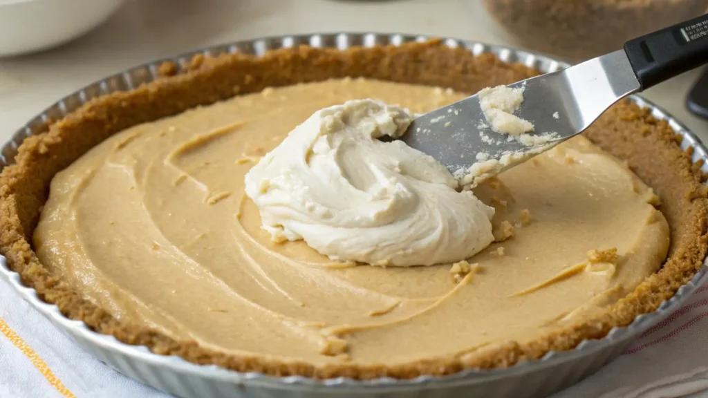 Amish Peanut Butter Cream Pie – A Decadent Treat You'll Love 4 A spatula spreading the creamy peanut butter mixture into a graham cracker pie crust. The filling is smooth, and the crust edges are visible.