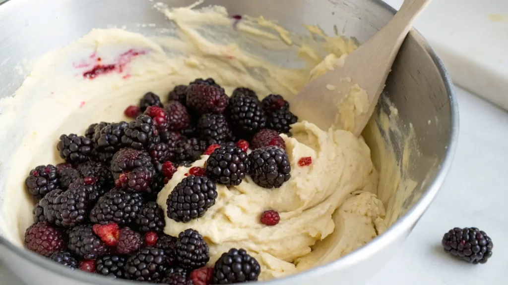 Blackberry Banana Bread You’ll Love to Bake 4 Fresh blackberries being gently folded into banana bread batter in a large metal mixing bowl with a wooden spoon.