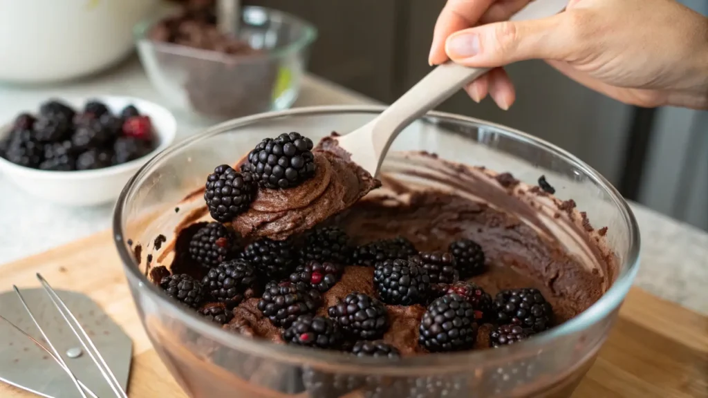 Indulge in the Best Chocolate Blackberry Cake Ever 4 A hand gently folding fresh blackberries into a rich chocolate cake batter with a spatula in a glass bowl.