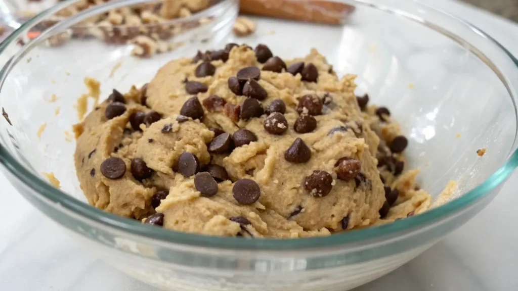 Monster Cookie Dough You Need to Try Right Now 4 A close-up of monster cookie dough with chocolate chips folded into the dough in a glass mixing bowl.