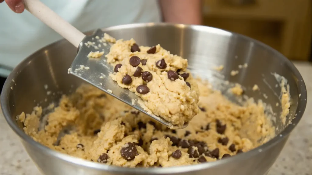 Rice Krispie Chocolate Chip Cookies You’ll Love to Share 3 Close-up of cookie dough being mixed with a spatula, with chocolate chips visible throughout the dough in a metal mixing bowl.