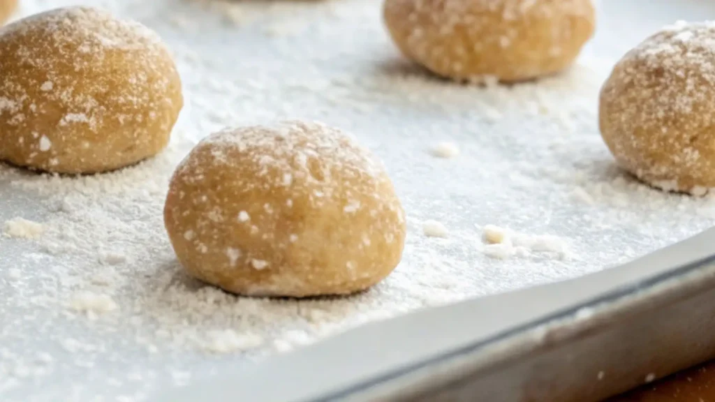 Small Batch Sugar Cookies for the Ultimate Treat 3 Close-up of sugar cookie dough balls rolled in sugar, placed on a parchment-lined baking sheet, ready to be baked.