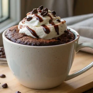 Close-up of a Hot Chocolate Mug Cake with whipped cream, chocolate drizzle, and coffee beans on top, served in a cozy white mug.