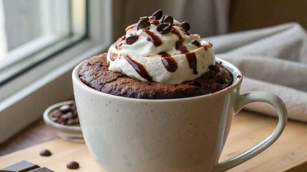 Close-up of a Hot Chocolate Mug Cake topped with whipped cream, chocolate drizzle, and coffee beans, served in a cozy mug.