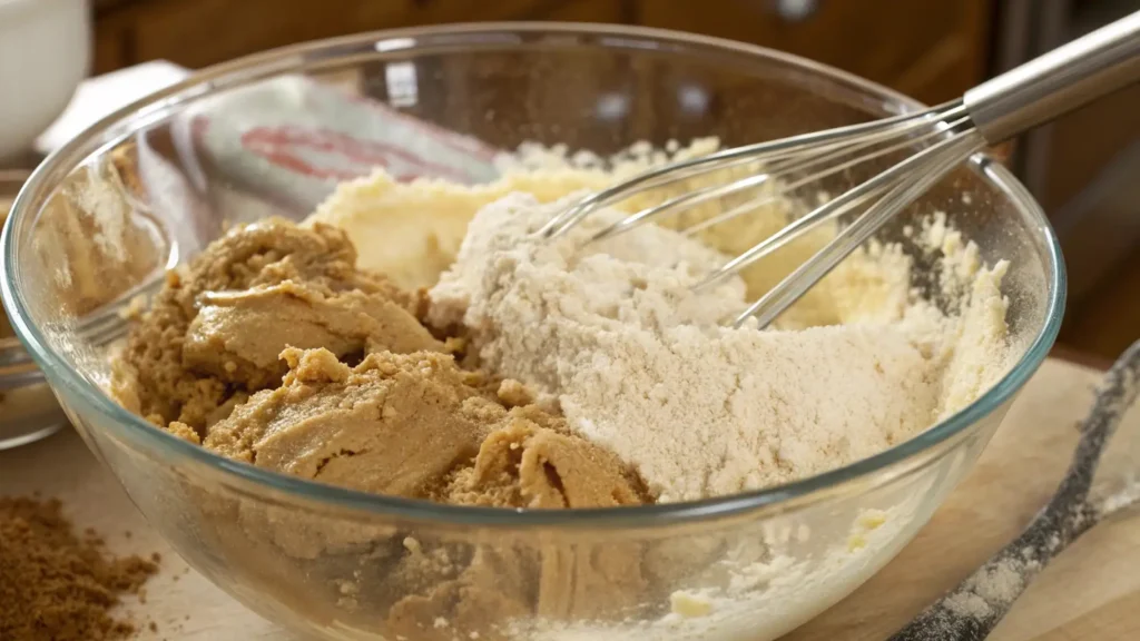 Monster Cookie Dough You Need to Try Right Now 3 A close-up of mixing bowl with peanut butter, brown sugar, and flour being combined using a whisk for monster cookie dough.