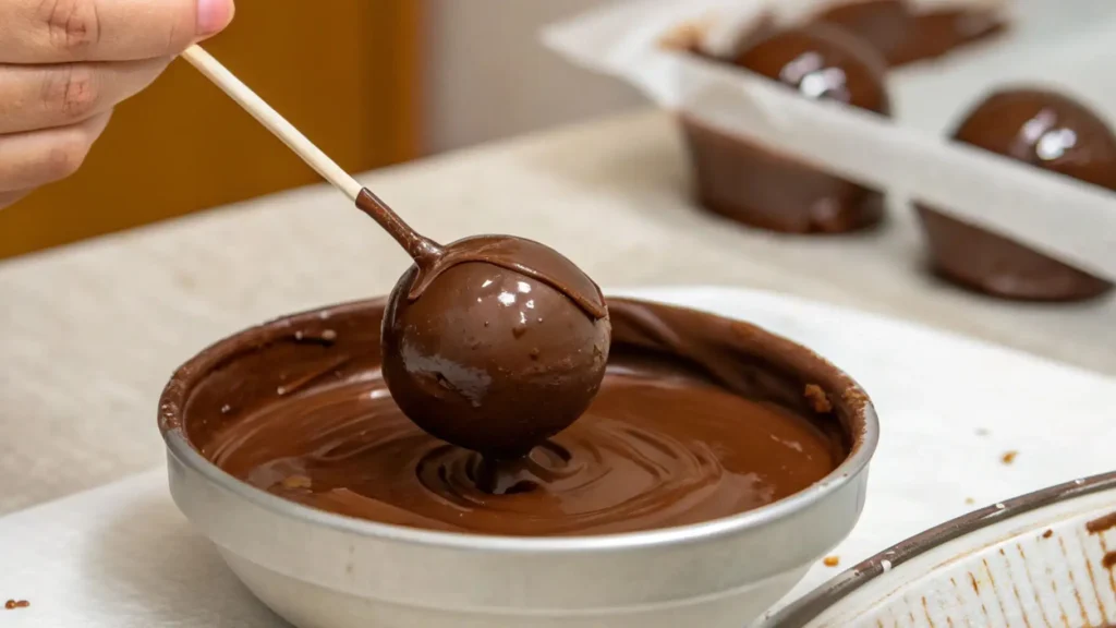 Chocolate Cake Pops to Make Every Occasion Special 3 A close-up of a chocolate cake pop being dipped into melted chocolate with a lollipop stick, showing the coating process.