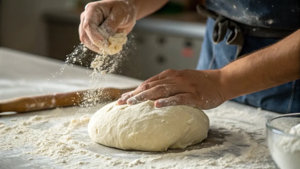 Batard Bread You'll Love Irresistible Baking Secrets 4 A person kneading bread dough on a floured countertop, with flour being sprinkled on the dough during the preparation process.