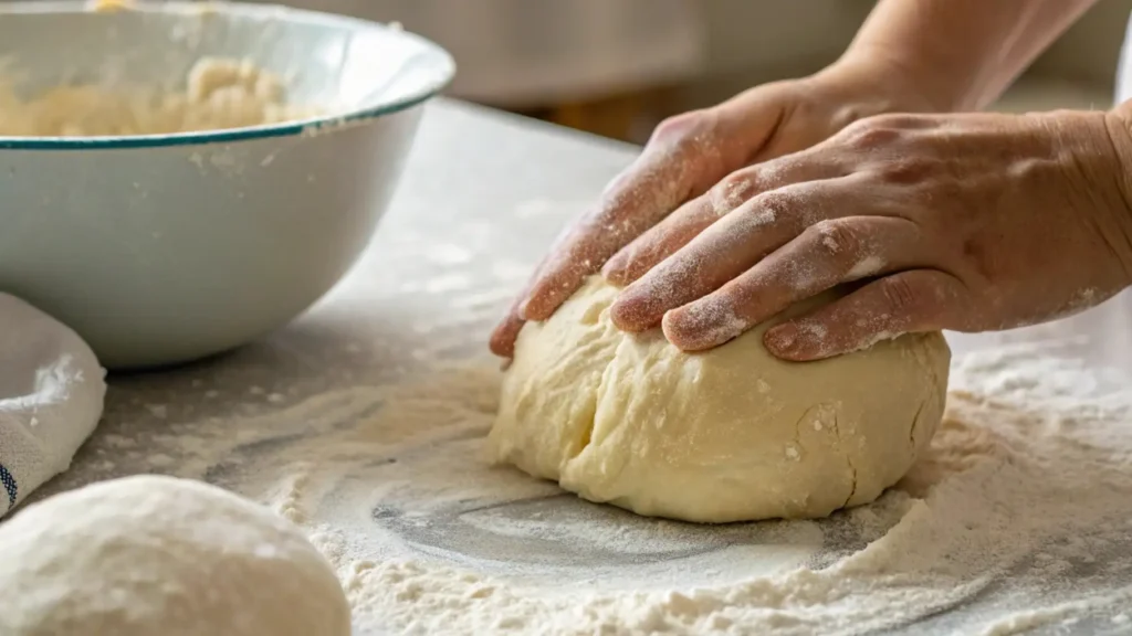 Sweet Sourdough Bread Joyful Baking Made Simple 3 A close-up of hands gently kneading dough on a floured countertop, with a mixing bowl and another piece of dough in the background, capturing the process of preparing sweet sourdough bread.