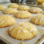 Close-up of freshly baked lemon pound cake cookies drizzled with lemon glaze and garnished with lemon zest on a baking tray.