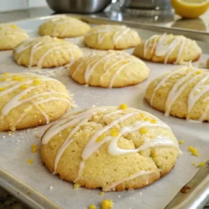 Close-up of freshly baked lemon pound cake cookies drizzled with lemon glaze and garnished with lemon zest on a baking tray.