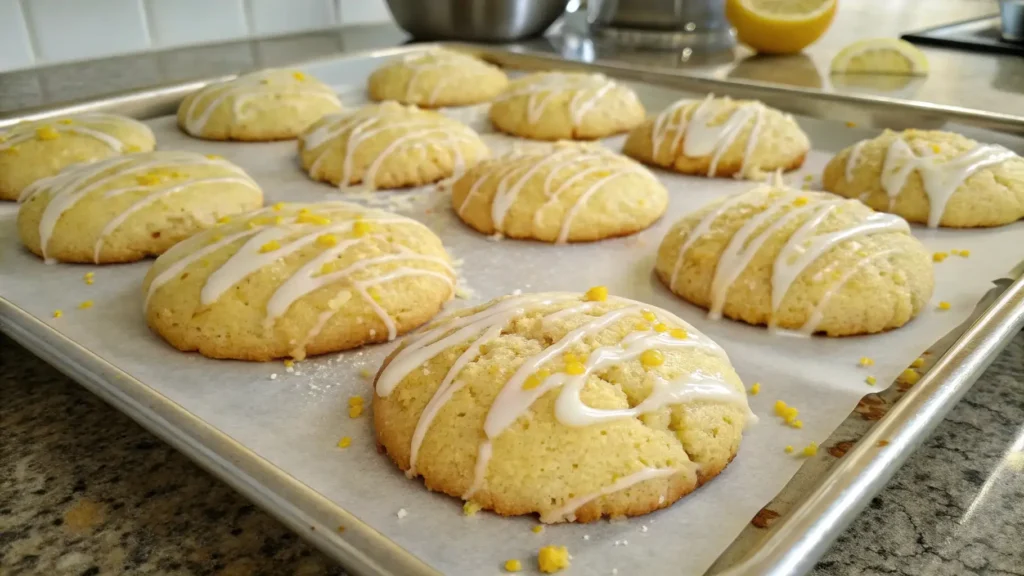 Freshly baked lemon pound cake cookies topped with a sweet lemon glaze and sprinkled with lemon zest on a parchment-lined baking sheet.