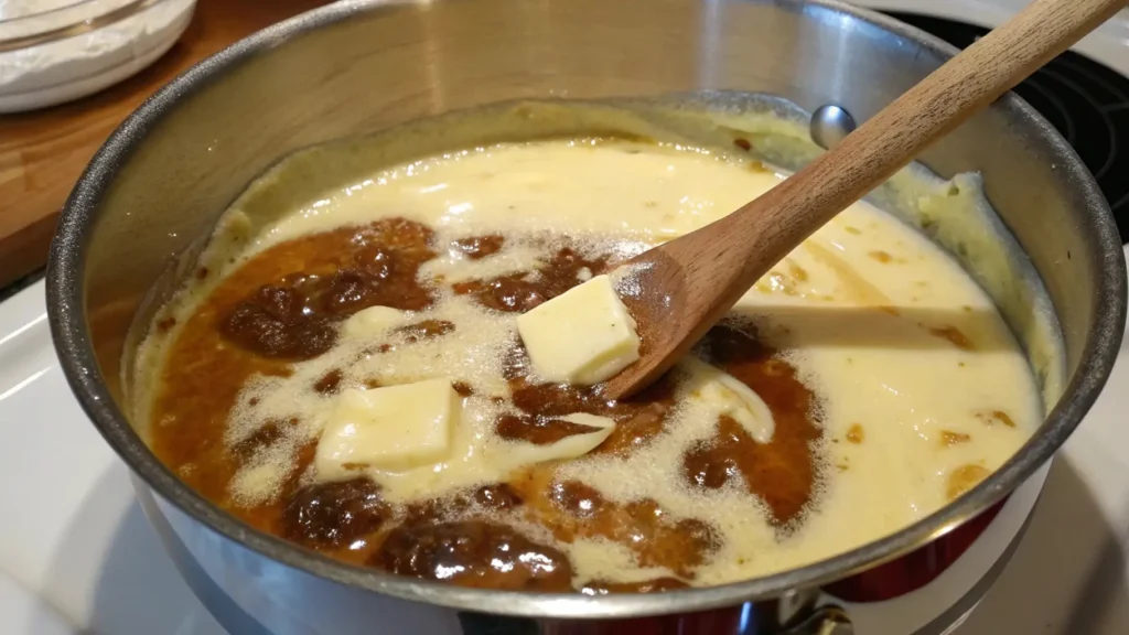 Caramel Cream Pie Obsession You’ll Love 2 A close-up shot of butter being added to a bubbling caramel mixture in a saucepan, with a wooden spoon stirring the ingredients.