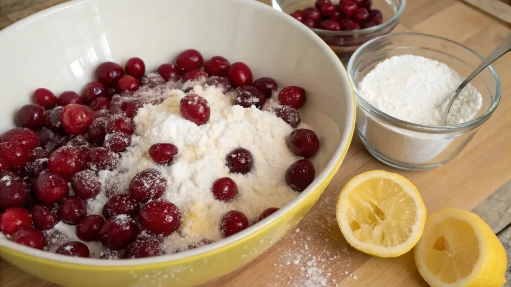 Tart Cherry Pie You’ll Love to Make Again and Again 3 Fresh tart cherries mixed with sugar and cornstarch in a yellow mixing bowl, with lemon halves and extra sugar on the side.