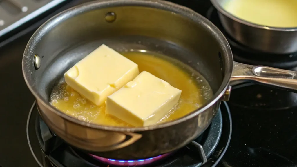 Glaze for Banana Bread to Make It Irresistibly Delicious 2 Two blocks of butter melting in a saucepan on the stove, ready to be used for making a glaze.