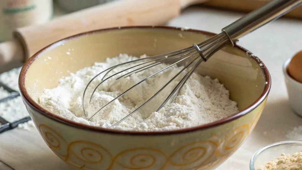 Sour Cream Coconut Cake Delightfully Easy to Love 2 A close-up of a ceramic bowl filled with flour, with a metal whisk resting in the flour. Nearby, eggs and other baking ingredients are visible, indicating the preparation of dry ingredients for a recipe.