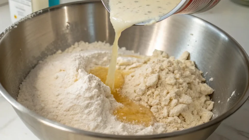 Batard Bread You'll Love Irresistible Baking Secrets 3 Pouring activated yeast mixture into a bowl of flour to start mixing the dough for batard bread.