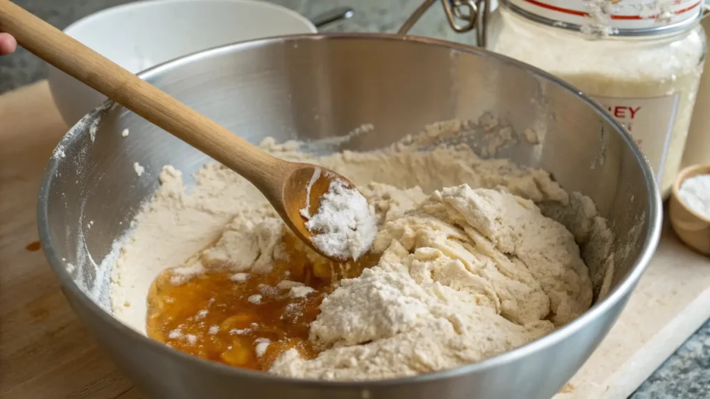 Sweet Sourdough Bread Joyful Baking Made Simple 2 A wooden spoon stirring flour, honey, and salt in a mixing bowl to prepare dough for sweet sourdough bread, with ingredients like honey and salt visible in the background.