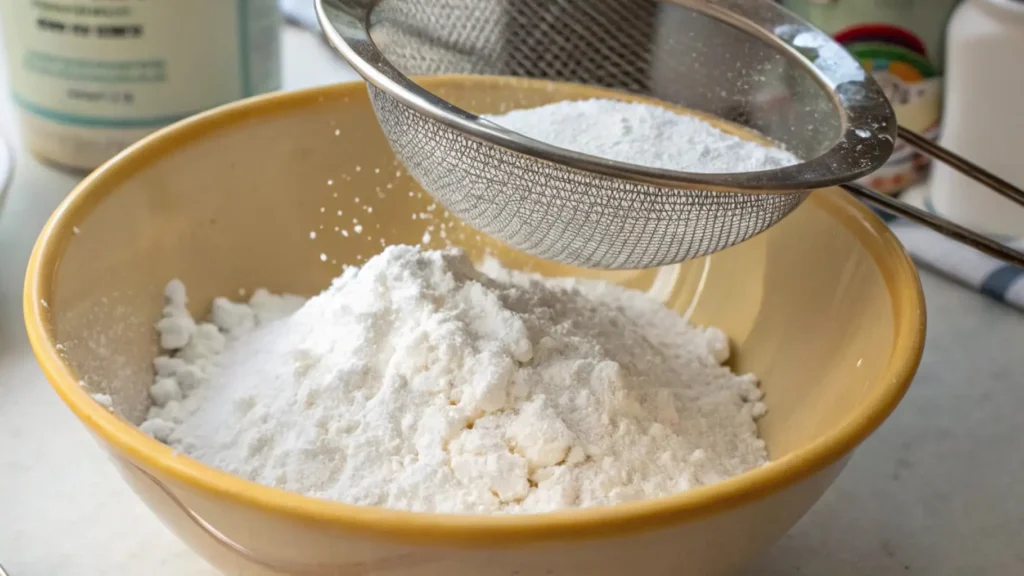 Glaze for Banana Bread to Make It Irresistibly Delicious 3 Sifting powdered sugar into a bowl to prepare the dry ingredients for making a glaze.