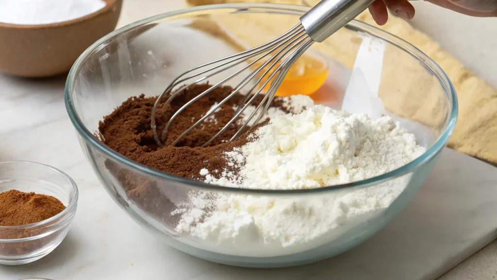 Indulge in the Best Chocolate Blackberry Cake Ever 2 A close-up of a hand whisking dry ingredients (cocoa powder, flour, and spices) in a glass bowl, with a bowl of cinnamon nearby.