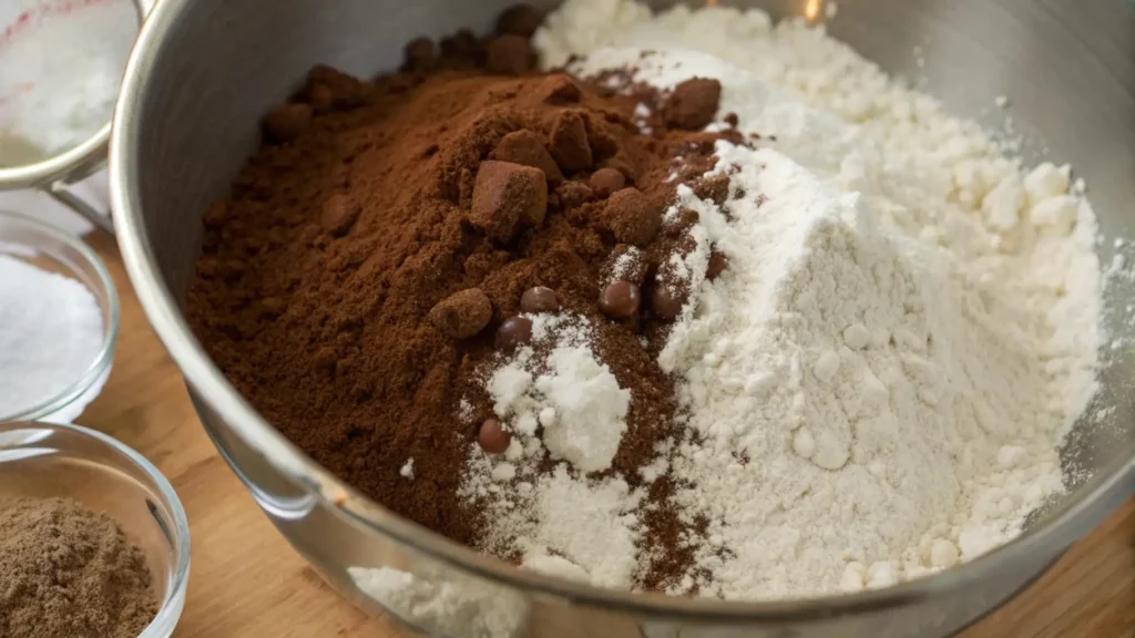 Too Much Chocolate Cake and the Guilt You’ll Love 2 A close-up of dry baking ingredients in a mixing bowl, including flour, cocoa powder, chocolate chips, and sugar, ready for a chocolate cake recipe.
